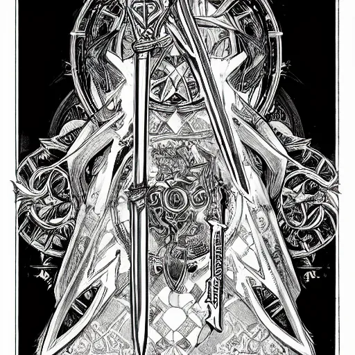 Image similar to highly detailed perspective magic sword drawing black and white goetic pen and ink concept design by hiroya oku!! mucha sword concept art design still life