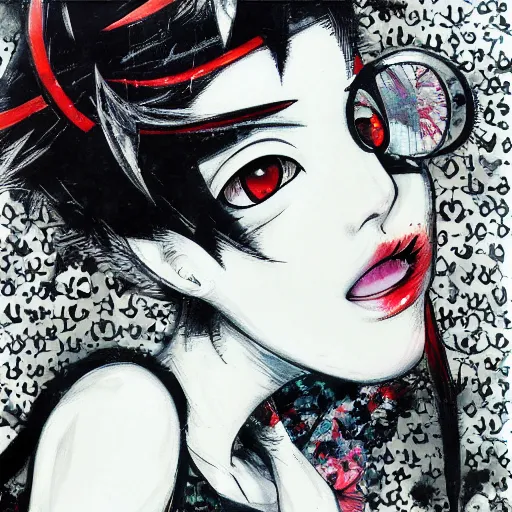 Image similar to Yoshitaka Amano style portrait of an anime girl with short white hair and eyepatch wearing suit with patterns, abstract black and white background in the style of Junji Ito, film grain effect, highly detailed, oil painting, expressive brush strokes