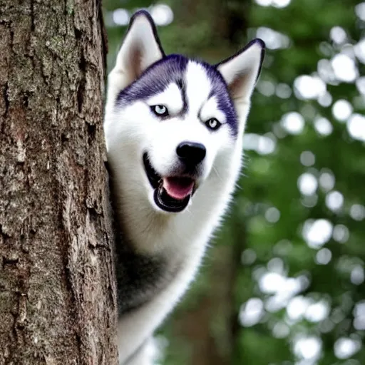 Image similar to husky stuck in an extremely tall tree