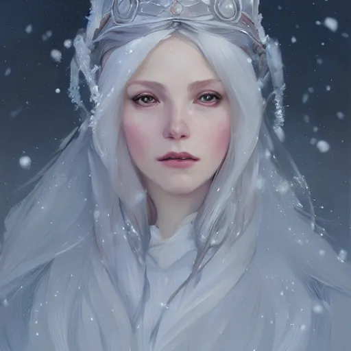 Prompt: Portrait of the Snow Queen, digital painting, detailed, artstation, Krenz Cushart, Greg Rutkowski, Alphonse Mucha, Artgerm