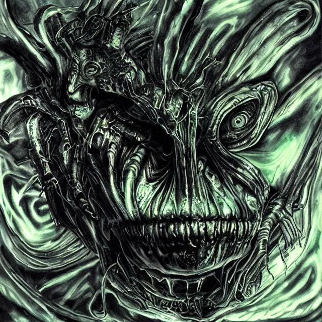 Prompt: a giger demon with fluorescent flesh, wispy ink horrors, prismatic neon glow backdrop, photo pic by hyperrealism