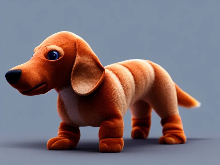 Prompt: high quality 3 d render hyperrealist very cute very fluffy smooth dachshund plush mascot, photo from the side, multi pastel colors, vray, smooth background, artstation, ultra detailed