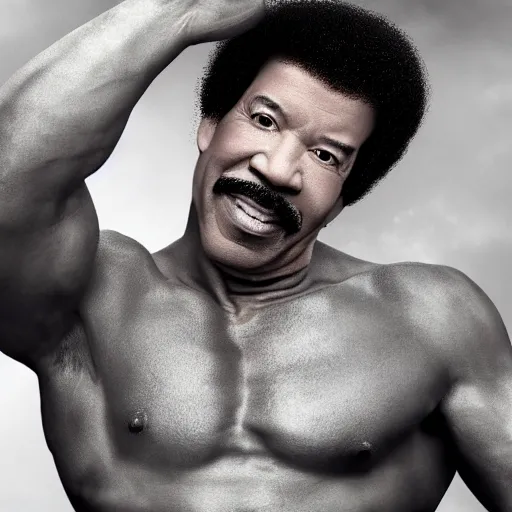 Image similar to Lionel richie with the physique of a body builder, hyper realistic, ultra detailed, cinematic, dynamic lighting, photorealistic, refined, intricate, digital art, digital painting, masterpiece, 8k