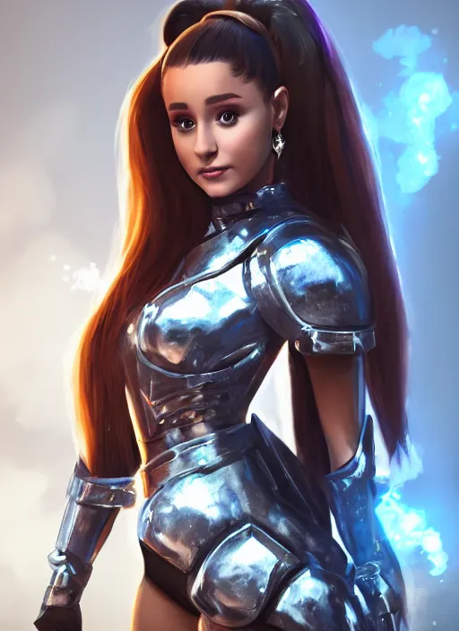 Prompt: Ariana Grande wearing fantasy battle armor by Ilya Kushvikov, symmetrical face concept art, octane render unreal engine meta humans, trending on artstation