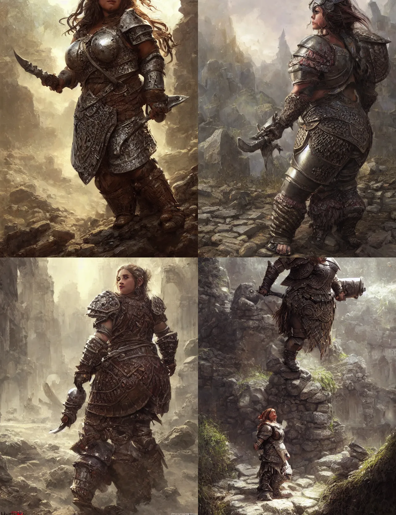 Image similar to chubby female dwarf warrior wearing heavy plate armor, robust stocky body, at the stone ruins, rpg artwork, hyperdetailed, hyperrealistic, soft light, imposing presence, pino daeni and dan mumford, artstation, intricate metal, smooth, sharp focus