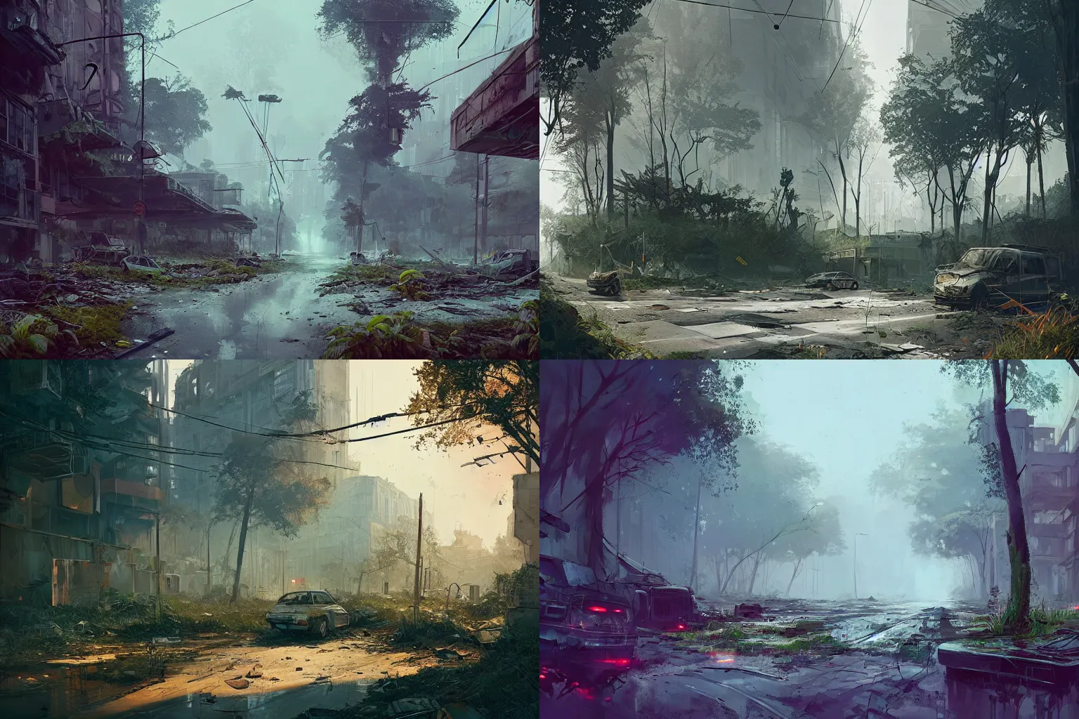 Prompt: concept art of an abandoned ruined big city street overgrown with nature by filip hodas and ismail inceoglu, hyper realistic, unreal engine, atmospheric, detailed, matte, godrays