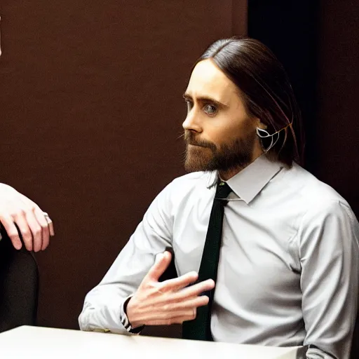 Image similar to jared leto talking to saul goodman in an interrogation room