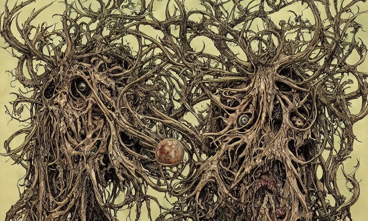 Image similar to hyperdetailed art nouveau portrait of treebeard as a cthulhu eyeball skull wendigo cryptid, by geof darrow, simon bisley and bill sienkiewicz, grim yet sparkling atmosphere, photorealism, claws, skeleton, antlers, fangs, forest, wild, crazy, horror, lynn varley, lovern kindzierski, steve oliff