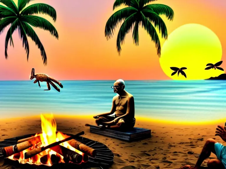 Image similar to gandhi sitting on a beach next to a campfire with palm trees in the back, holding a cigar, sunset, surrounded by different animals, parrots, turtle, lizard, crab, coconuts,, glorious lighting, epic environment, highly detailed, digital art, hyper realistic, beautiful, 8 k, trending on deviantart