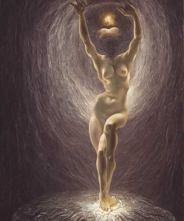 Prompt: Beautiful full-body wax sculpture of a glowing transparent woman inside egg with melted white wax in the singularity where stars becoming baroque folds of dark matter by Michelangelo da Caravaggio, Nicola Samori, William Blake, Alex Grey and Beksinski, dramatic volumetric lighting, highly detailed oil painting, 8k, masterpiece