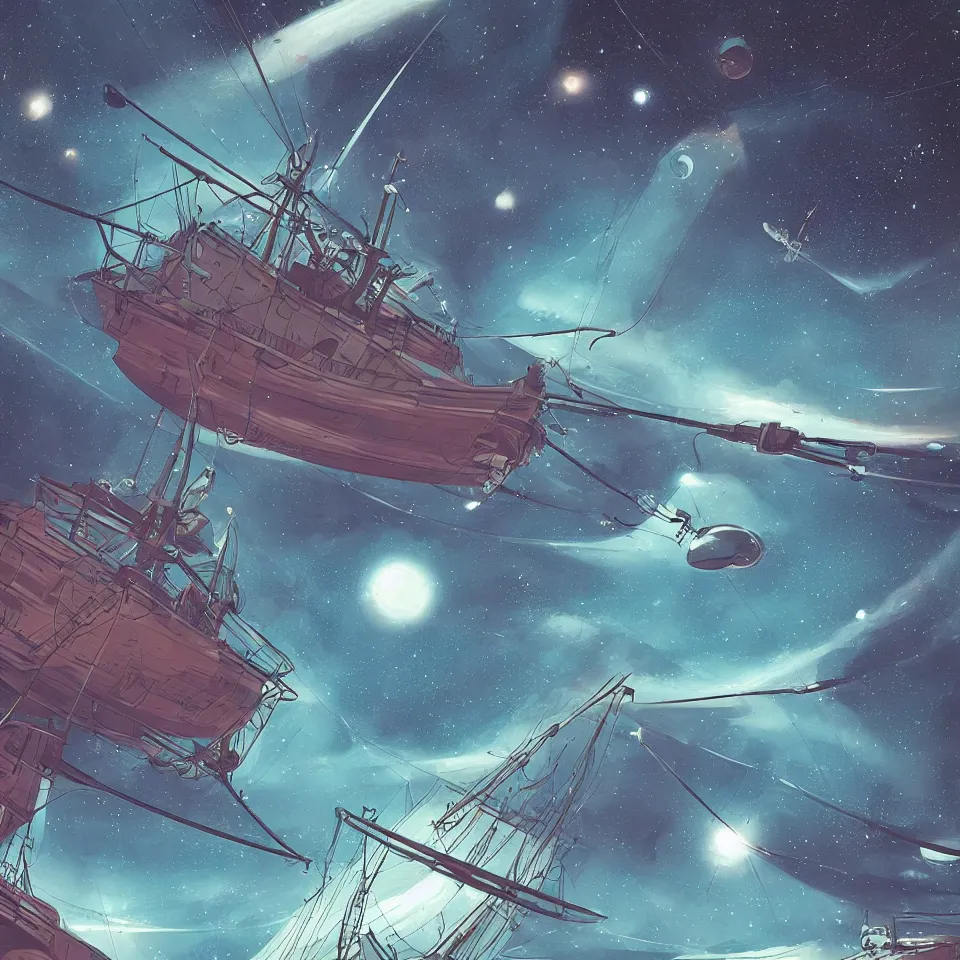 Image similar to tall ship in space. sci fi illustration. muted colour starscape. beautiful lighting and composition. science fiction. colourful graphic novel. digital art