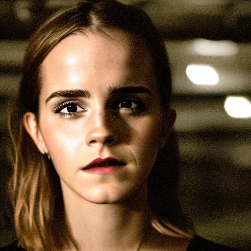 Image similar to photo, close up, emma watson in warehouse, dim light, low light, fog, android cameraphone, snapchat story screenshot, 2 6 mm,