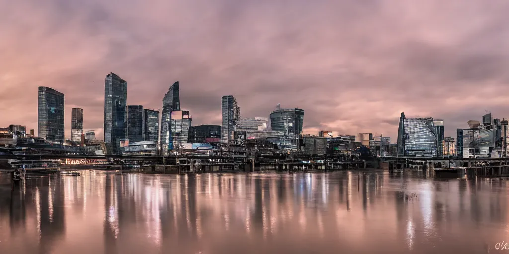 Image similar to docklands in london, night, dimly lit cirrus clouds, long exposure, architecture photography, no hdr, ultrawide image