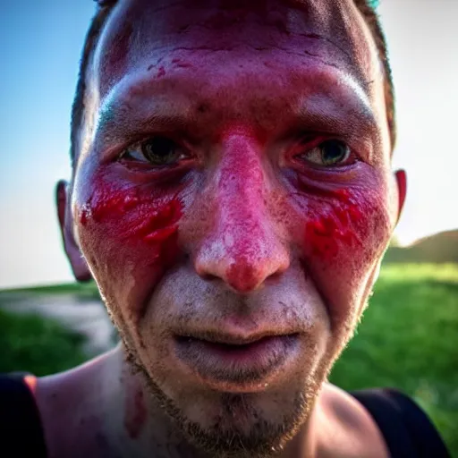 Image similar to extreme closeup of sweaty red person, wideangle