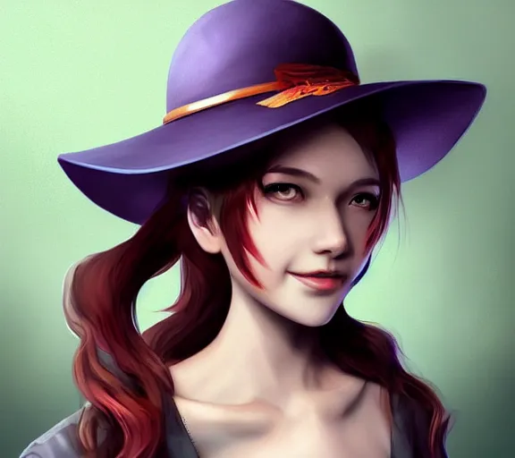 Prompt: mysterious smiling girl puts on a different hat, digital art, trending on artstation, artgerm, very detailed, great quality, illustration, smooth, sharp focus, concept art,