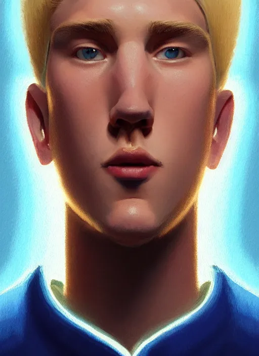 Image similar to portrait of high school senior boy named big moose, blonde short hair, jock, beefy, wide face, square jaw, square facial structure, blue varsity jacket with letter r, intricate, elegant, glowing lights, highly detailed, digital painting, artstation, concept art, sharp focus, illustration, art by wlop, mars ravelo and greg rutkowski