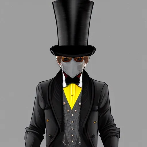 Image similar to a highly detailed portrait of a man in a high top hat covering his face, in a black tailcoat with a yellow waistcoat under the tailcoat, artstation, deviantart, professional, unreal engine 5, photorealistic