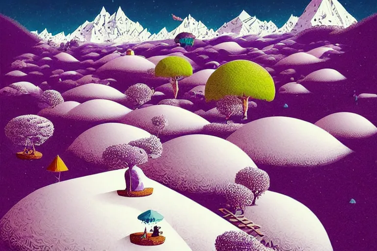 Image similar to surreal glimpse into other universe, himalaya with snow ice cream, summer morning, very coherent and colorful high contrast, art by!!!! gediminas pranckevicius!!!!, geof darrow, floralpunk screen printing woodblock, dark shadows, hard lighting, stipple brush technique,