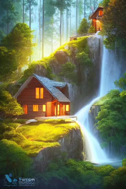 Image similar to scandinavian house in the forest on a hill, pixar, vector style, waterfall flows down from the mountain, vector art, fabulous, global illumination, warm lighting, by jordan grimmer