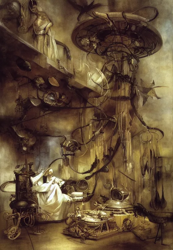 Image similar to soft color medical equipment, whirling, minimalist environment, by hr giger and esao andrews and maria sibylla merian eugene delacroix, thomas moran, pop art