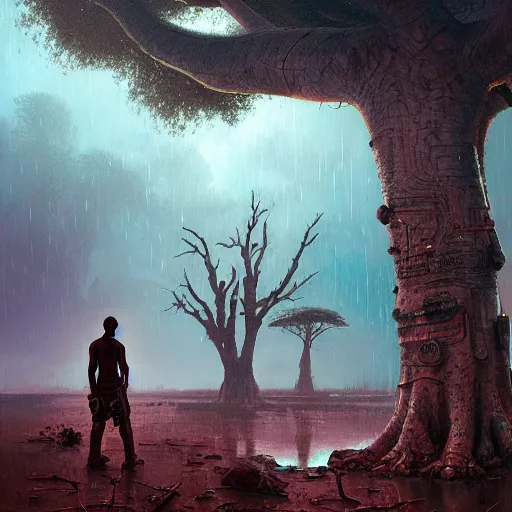 Image similar to a zulu cyberpunk hunter near pink lake witha a baobab tree during a thunderstorm by greg rutkowski and android jones in a surreal portrait style, oil on canvas, 8k resolution.