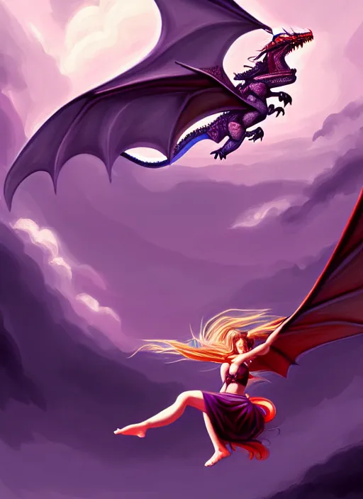 Prompt: painting of a girl flying on a dragon in a fantasy world, digital painting, hd, illustration, art by tokenin, trending