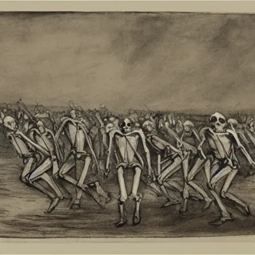 Image similar to an army of skeletons rising from a river by alfred stevens, charcoal