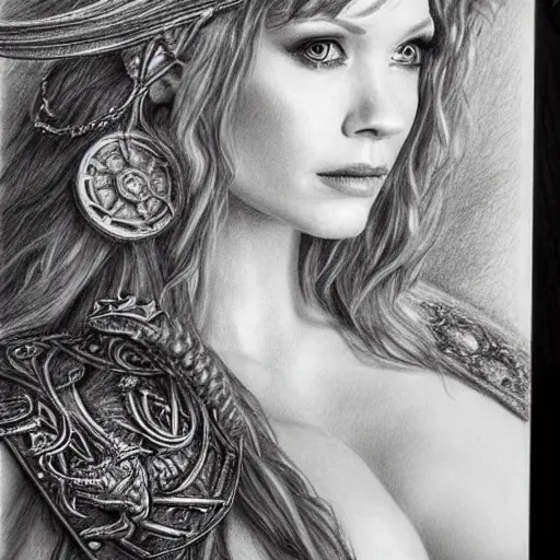 Image similar to hyper realistic pencil drawing of Christina Hendricks as a viking princess, intricate detail, beautiful, battle armor, war, fight, light, dragon, bright color palette