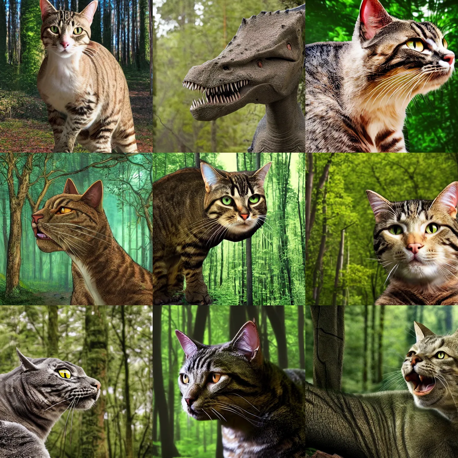 Prompt: a dinosaur with the head of a cat, lightly furry, in a forest