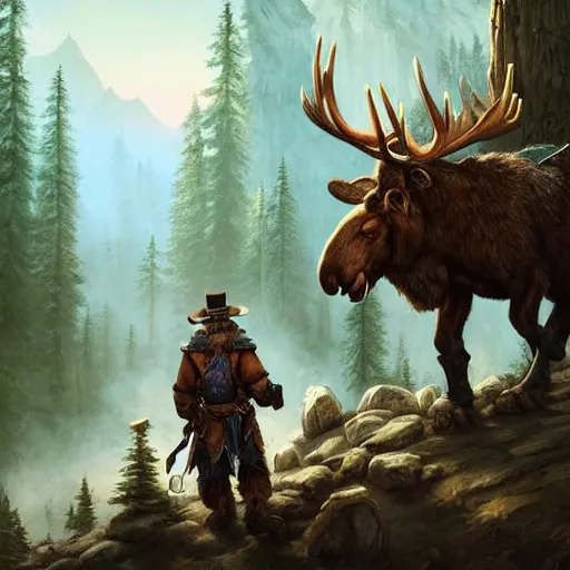 Image similar to a frontiersman in a moose hat, World of Warcraft, cover art, ultra wide lens shot, pretty, beautiful, DnD character art portrait, matte fantasy painting, DeviantArt Artstation, by Jason Felix by Steve Argyle by Tyler Jacobson by Peter Mohrbacher, cinematic lighting, unreal engine, octane render, realistic lighting