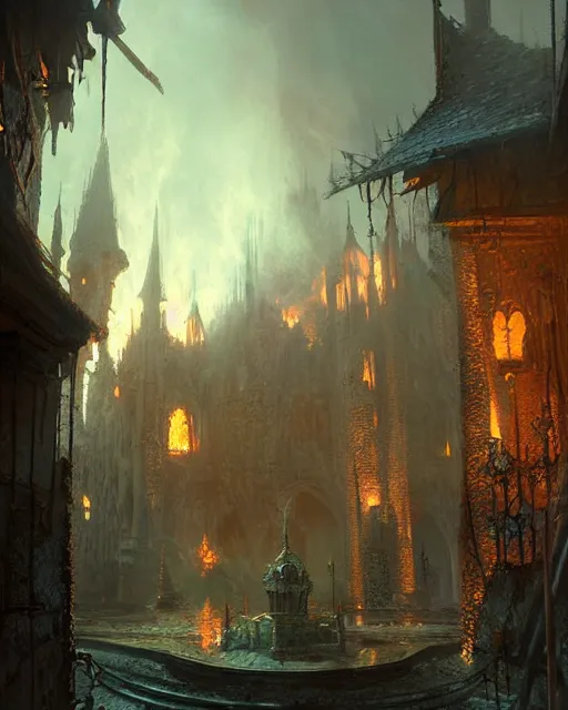 Image similar to robust fantasy castle courtyard burned to the ground, fiery ambient, uplifting mood, ultra realistic, sad, small buildings, highly detailed, epic lighting, illuminated, cinematic, morning, art by eddie mendoza