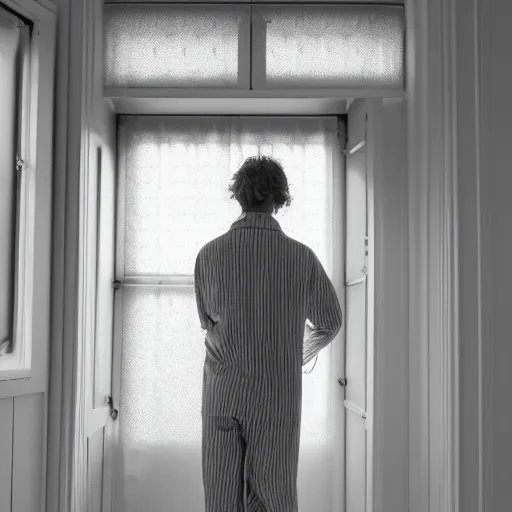 Prompt: person in pyjamas standing near window, sun rays, daylight, french door window, 2 4 mm, anamorph lenses, photorealistic, high ceiling, style by vilhelm hammershøi