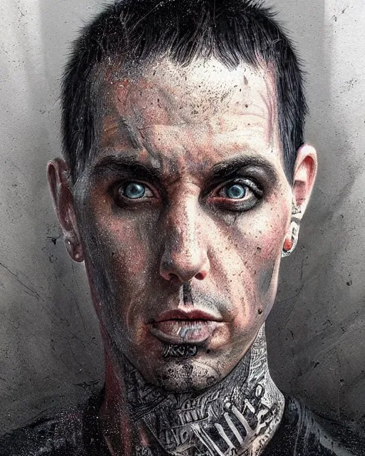 Image similar to travis barker, hyper realistic face, beautiful eyes, fantasy art, in the style of greg rutkowski, intricate, hyper detailed, smooth