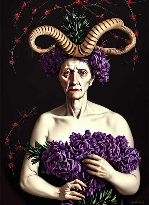 Image similar to portrait of a old year woman with a wreath of thorns a dress of bones and roses horns snake smoke, purple colour scheme, full length, masterpiece, art by caravaggio, artstation