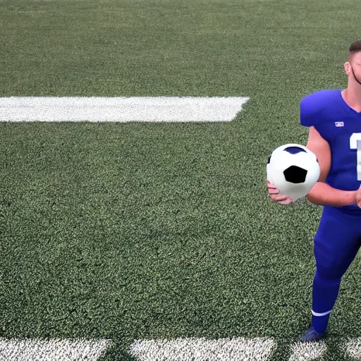 Image similar to american football player holding a soccer ball, 8 k, unreal engine, hyperrealistic