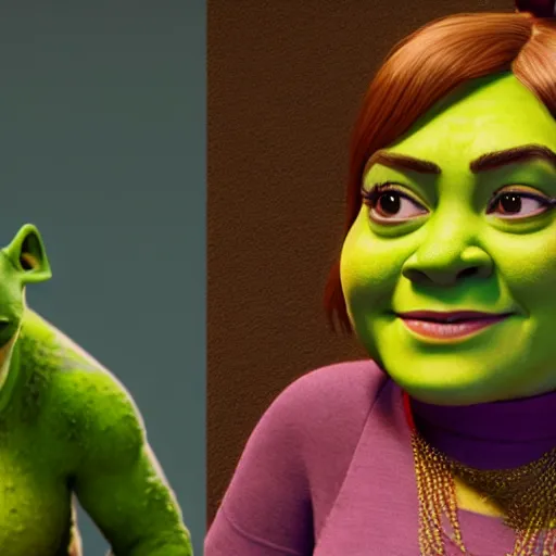 Prompt: Emma Stone as a female wife Shrek, Shrek face features, fully detailed, high quality , 4k , octane render , soft lightening , masterpiece