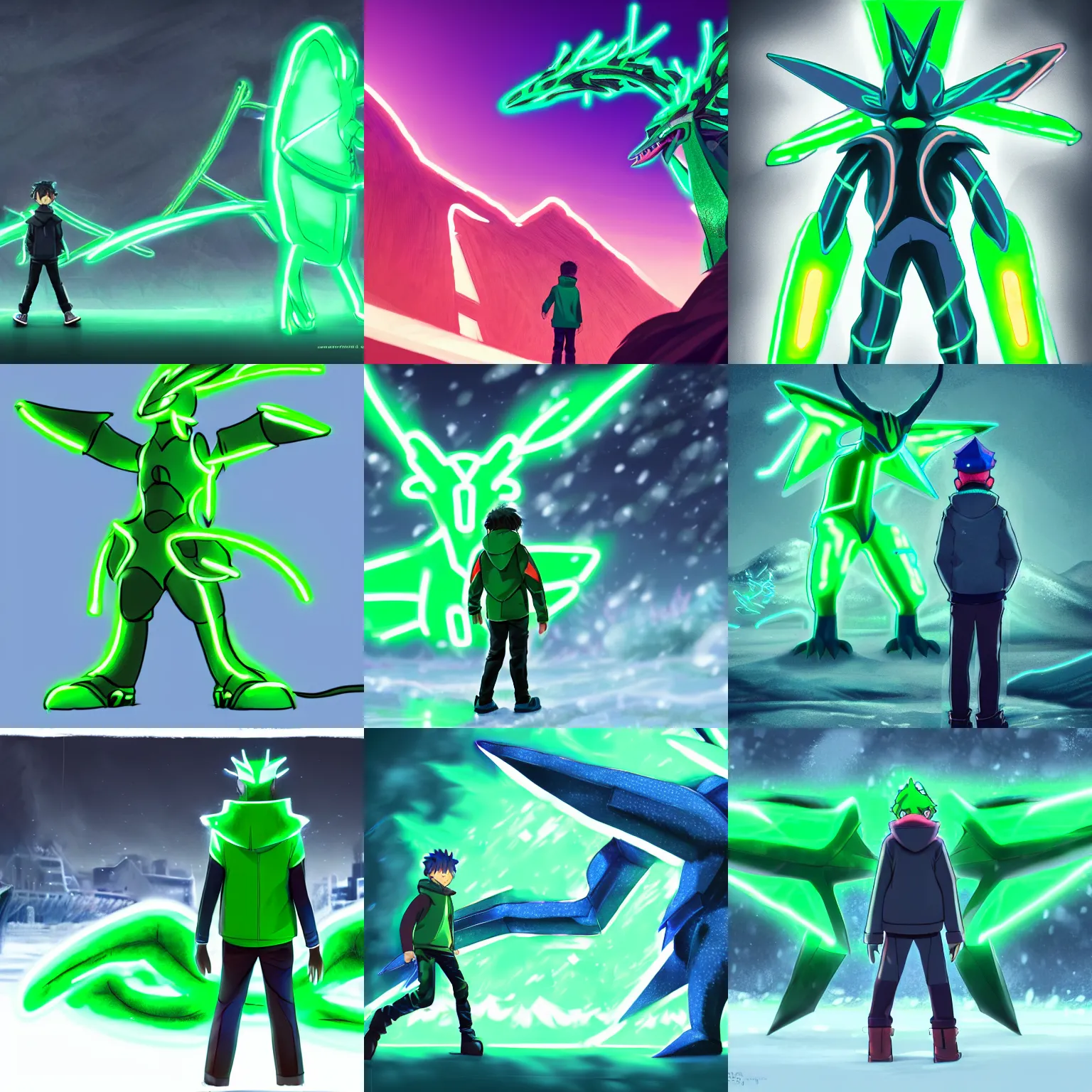 Prompt: a boy in winter clothing, standing in front of a big neon green metallic dialga, concept art, digital art, very detailed, anime, back - shot, d & d, pokemon, 8 k hd