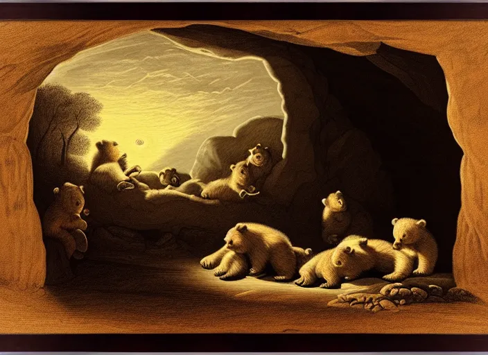 Image similar to Pieter Claesz's 'a bear and her cubs sleeping in a dark cave, lit by hole in roof', night time, cross hatching, beautiful wooden frame, monochrome, colours of the sunset