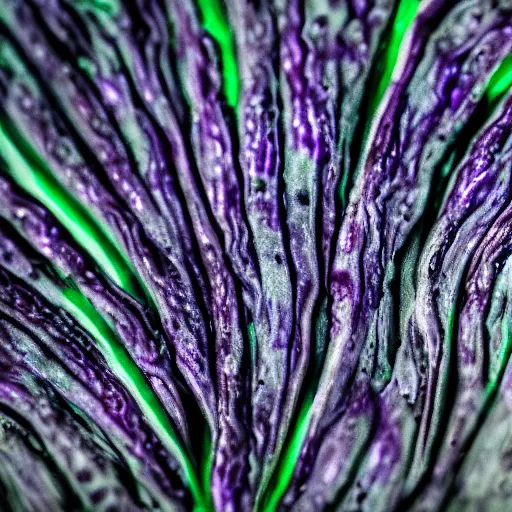 Image similar to a mushroom's gills from the bottom that is purple and grey with intricate microscopic view of patterns ; maximum realism ; maximum detailed close - up ; dramatic lighting