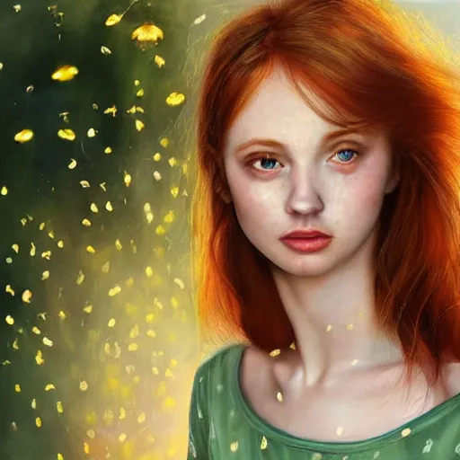 Image similar to a highly detailed, hyper realistic, portrait with torso of a red haired young woman, among wonderful golden fireflies, long hair, green eyes, hint of freckles, round gentle face, cheeky smile, white romantic dress with intricate details, deep focus, elegant, digital painting, smooth, sharp, golden ratio, illustration, art by artgerm and caravaggio