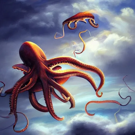Image similar to flying octopus among clouds fantasy illustration, trending on artstation, deviantart, very realistic, 4k