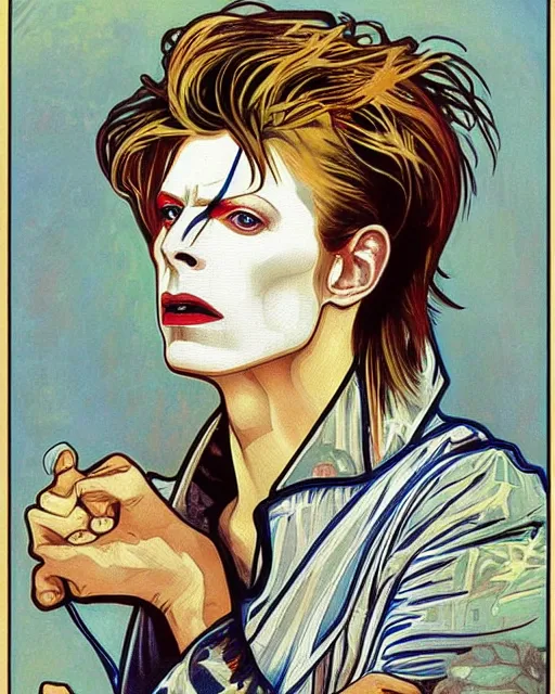 Image similar to a portrait painting of ( ( ( david bowie ) ) ) in the style of alphonse mucha!!!