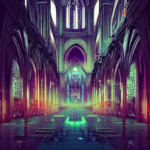 Image similar to “ inside a cathedral, cyberpunk art by vincent lefevre, behance contest winner, altermodern, cityscape, synthwave, matte painting ”