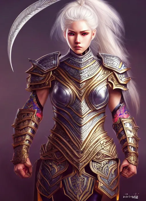 Image similar to warrior, intricate ornate opal heavy armor!!! beautiful and athletic white hair female!! gorgeous face and eyes!! character concept art, sharp focus, octane render! unreal engine 5! highly rendered!! trending on artstation!! detailed linework!! illustration by artgerm, wlop, and chie yoshii