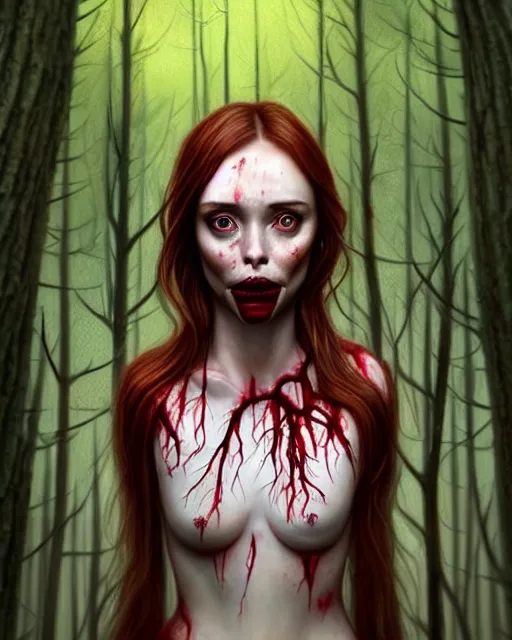 Image similar to surrounded by trees, full body realistic character concept, gorgeous Kacey Rohl, red hair, small freckles, Wendigo creature antlers deer skull face, symmetrical face, symmetrical eyes, covered in blood, dark forest, trees, shorter neck, cinematic lighting, Joshua Middleton and artgerm, fear anxiety terror