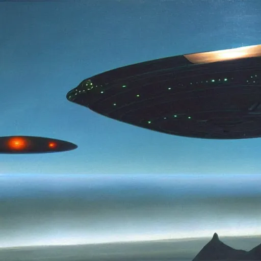 Image similar to spaceship flying over epic sci - fi landscape, painting by ralph mcquarrie