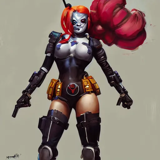 Prompt: greg manchess portrait painting of armored harley quinn as overwatch character, medium shot, asymmetrical, profile picture, organic painting, sunny day, matte painting, bold shapes, hard edges, street art, trending on artstation, by huang guangjian and gil elvgren and sachin teng