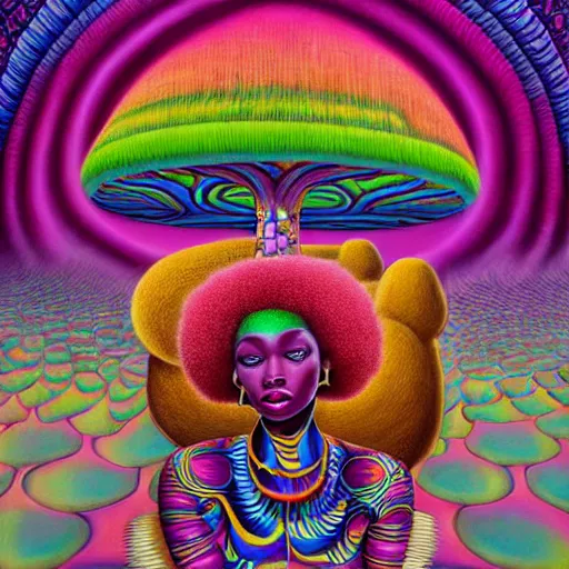 Image similar to a regal and elegant african queen with a colorful afro sitting in a cabana on top of an extremely large steampunk elephant near a pink lake with a large glowing baobab tree, by amanda sage and alex grey and evgeni gordiets in a surreal psychedelic style, oil on canvas 8k, hd