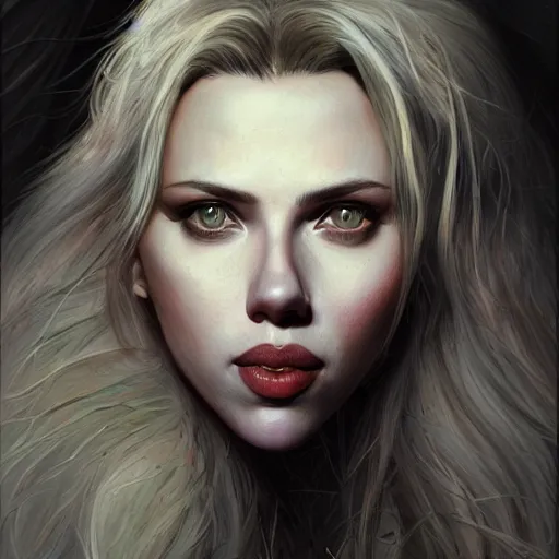 Image similar to detailed portrait of scarlett johansson as a cute werewolf monster girl, beautiful, fantasy, intricate, elegant, highly detailed, digital painting, artstation, concept art, matte, sharp focus, illustration, art by aenaluck, artgerm and roberto ferri and greg rutkowski, epic fantasy, digital painting