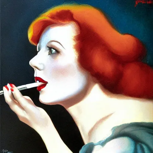 Prompt: Redhead smoking a cigarette, pulp art, portrait, illustration by Vic Prezio and George Gross